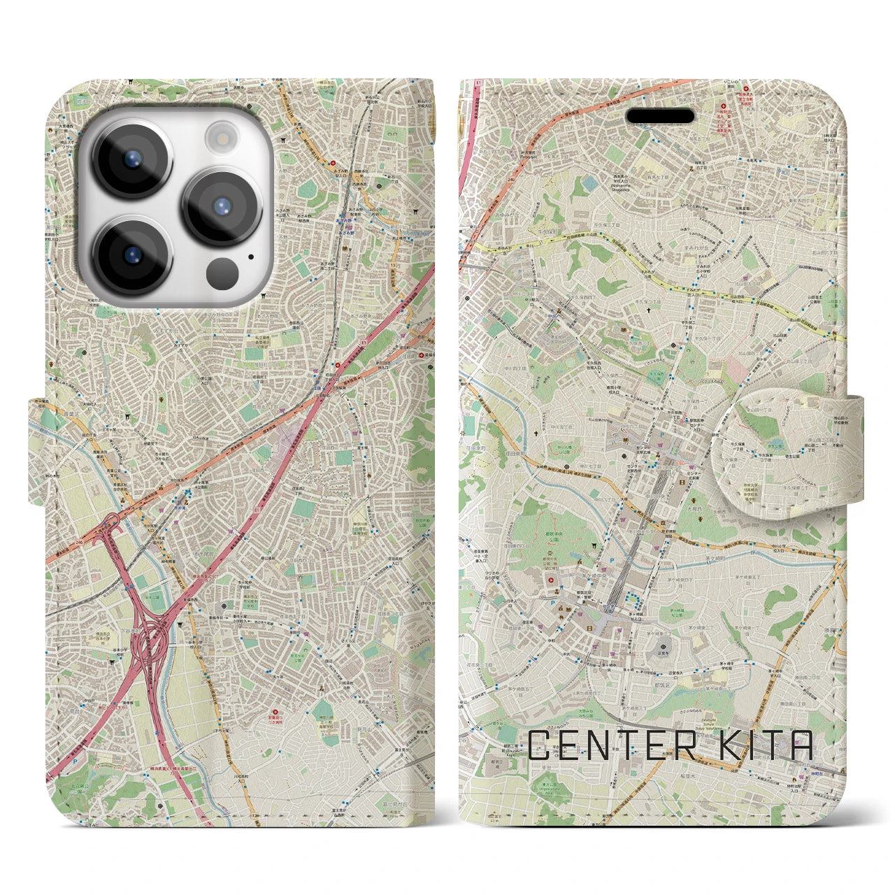 【センター北】地図柄iPhoneケース（手帳両面タイプ・ナチュラル）iPhone 14 Pro 用