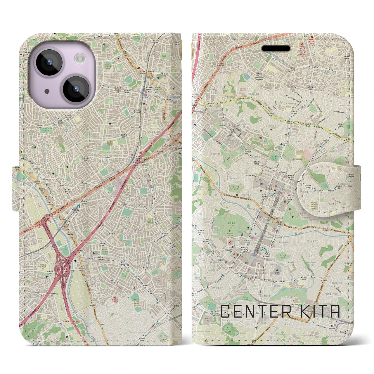 【センター北】地図柄iPhoneケース（手帳両面タイプ・ナチュラル）iPhone 14 用