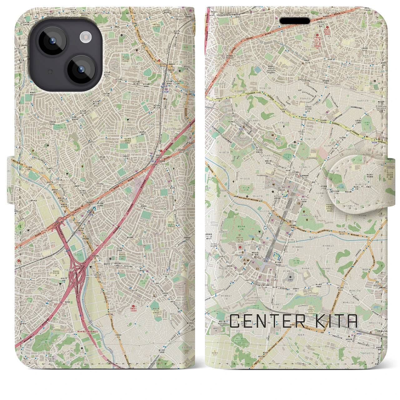 【センター北】地図柄iPhoneケース（手帳両面タイプ・ナチュラル）iPhone 14 Plus 用