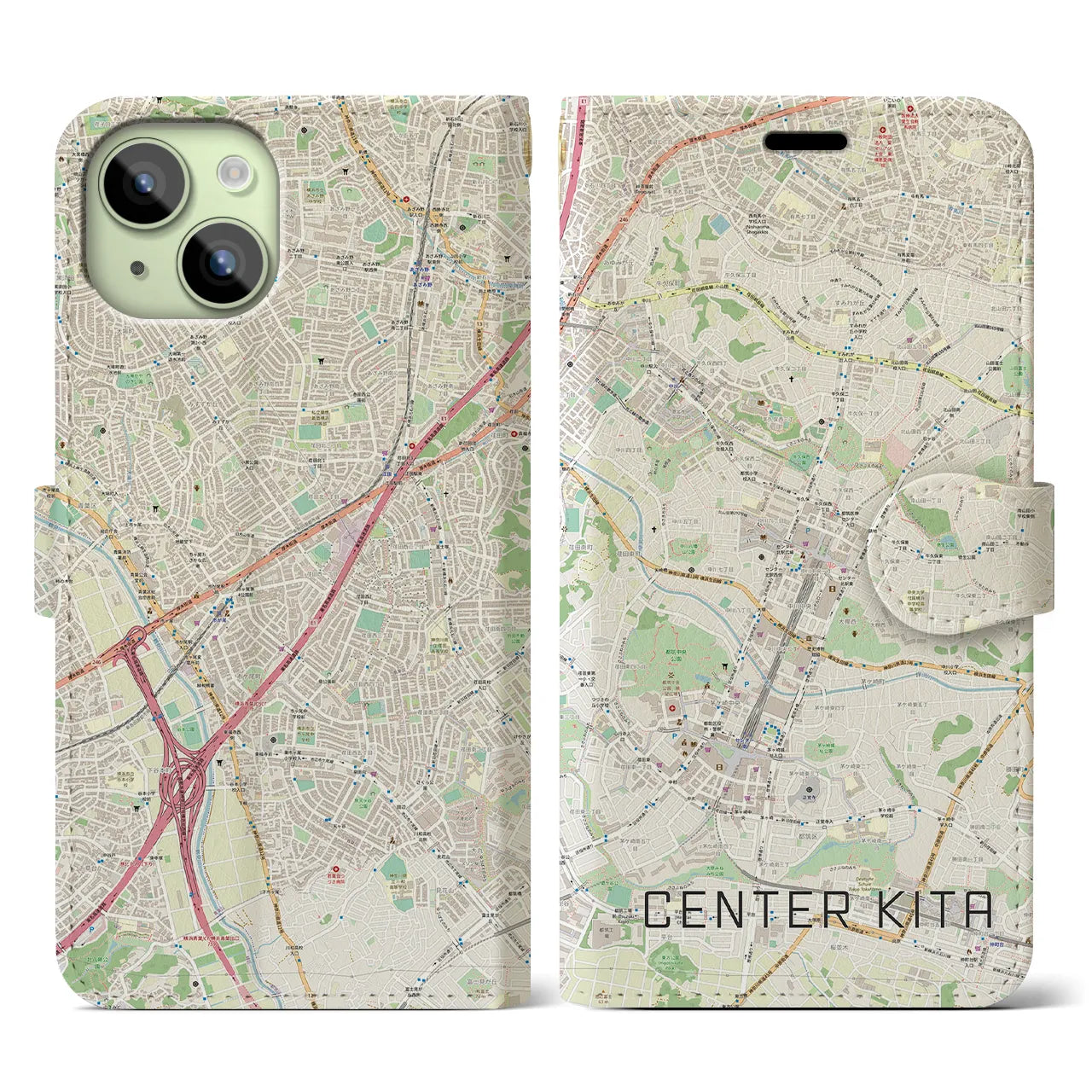 【センター北】地図柄iPhoneケース（手帳両面タイプ・ナチュラル）iPhone 15 用