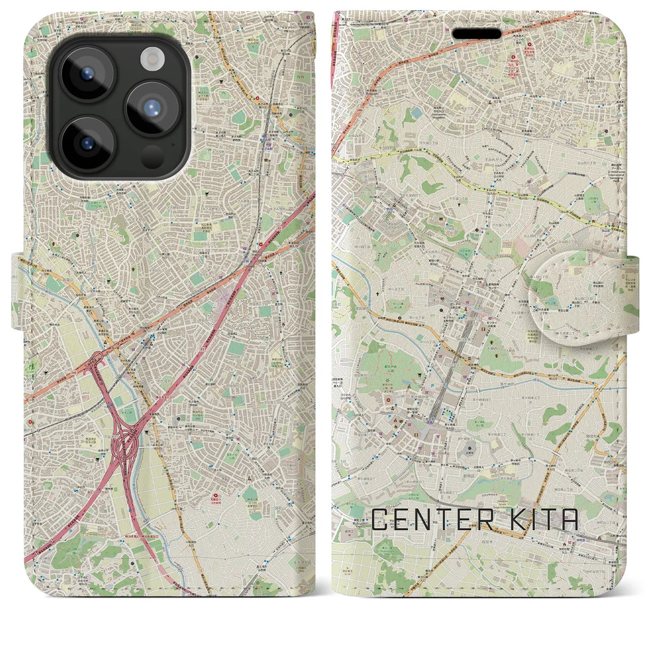 【センター北】地図柄iPhoneケース（手帳両面タイプ・ナチュラル）iPhone 15 Pro Max 用