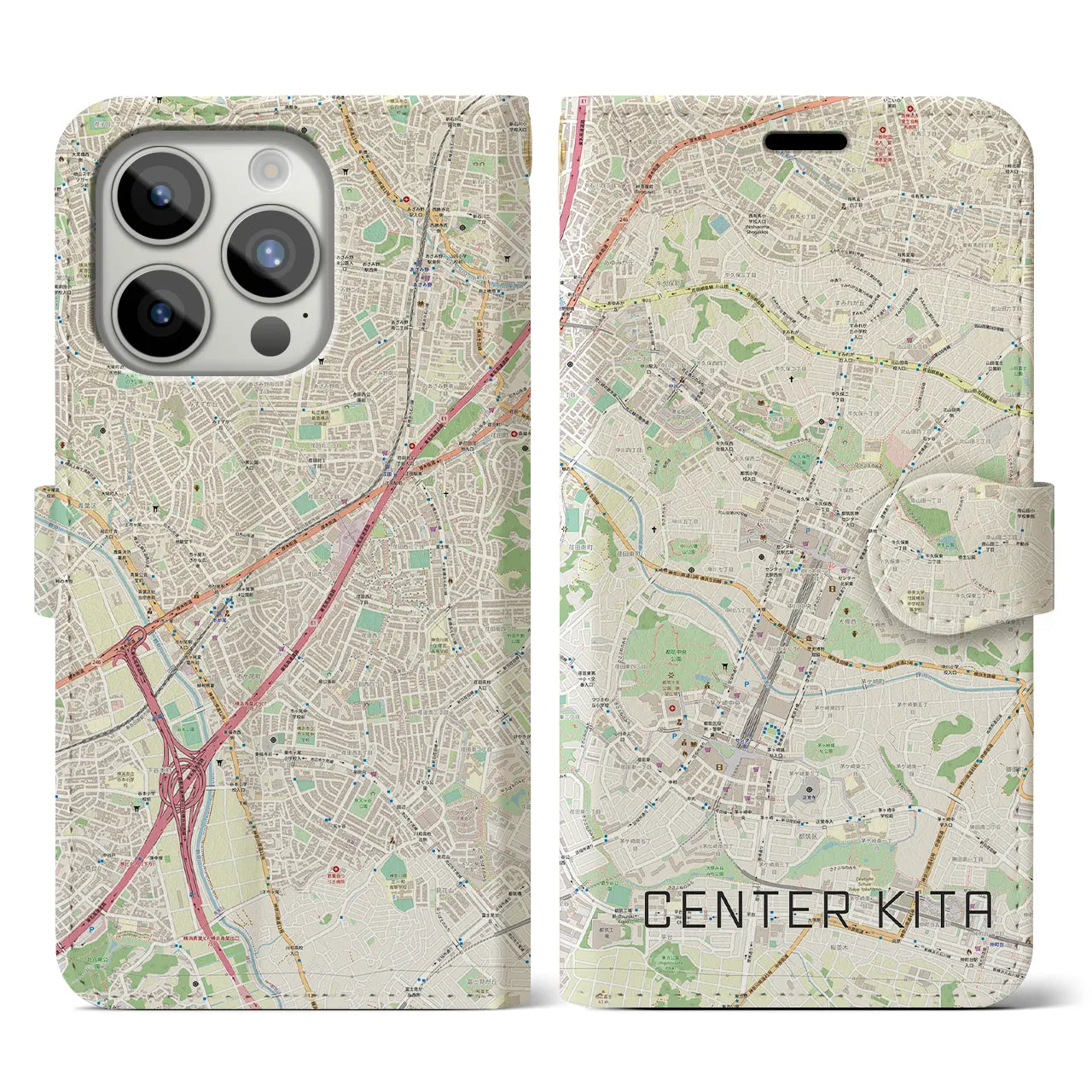【センター北】地図柄iPhoneケース（手帳両面タイプ・ナチュラル）iPhone 15 Pro 用