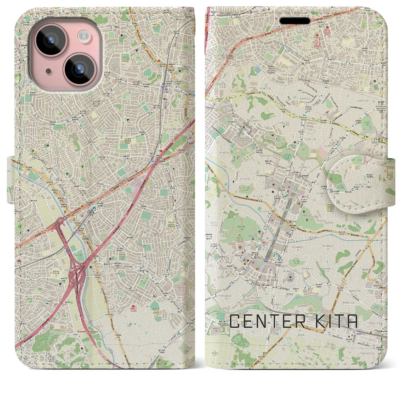 【センター北】地図柄iPhoneケース（手帳両面タイプ・ナチュラル）iPhone 15 Plus 用