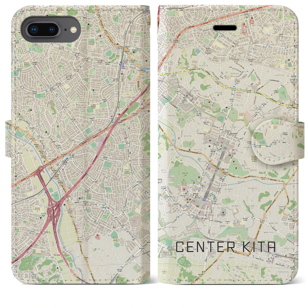 【センター北】地図柄iPhoneケース（手帳両面タイプ・ナチュラル）iPhone 8Plus /7Plus / 6sPlus / 6Plus 用