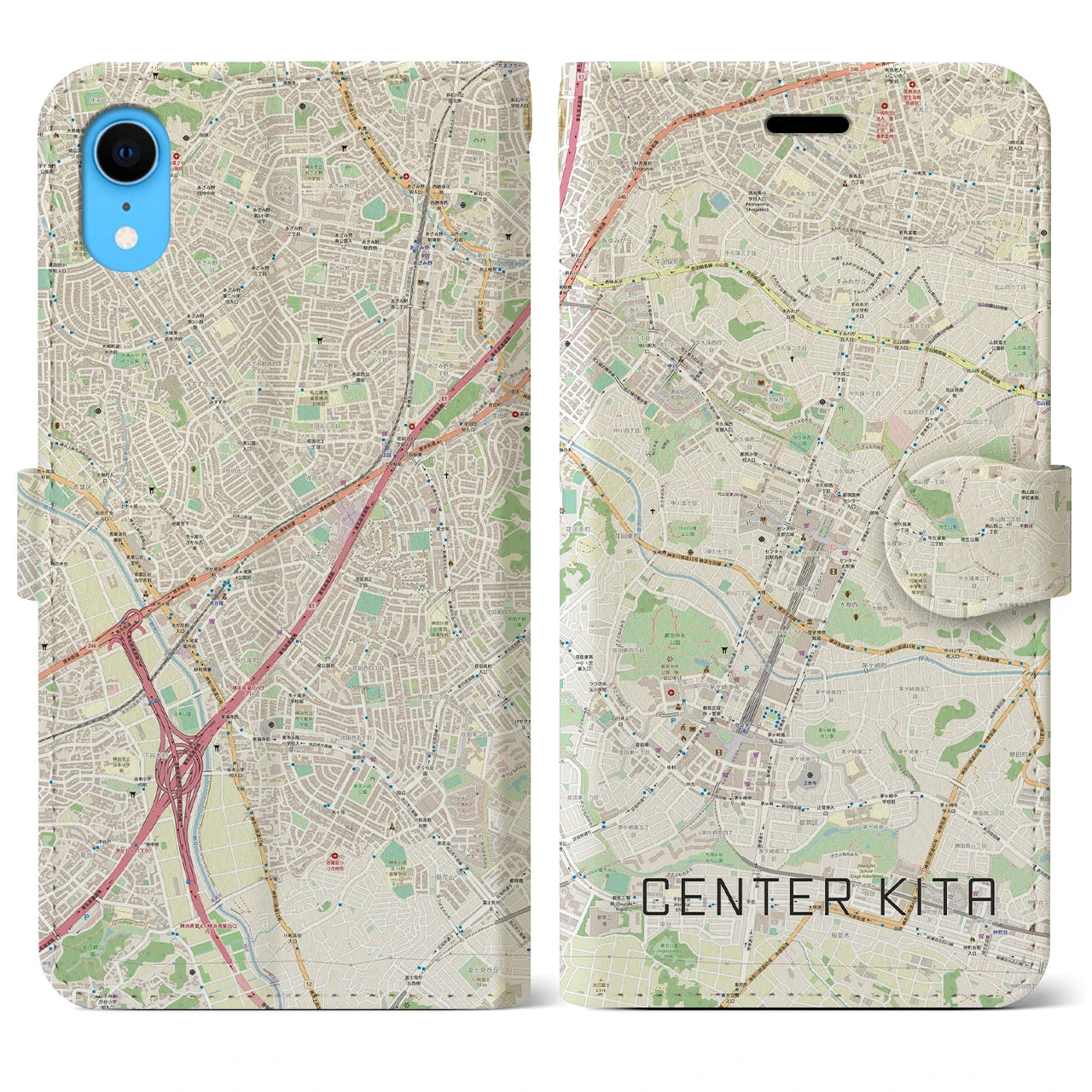 【センター北】地図柄iPhoneケース（手帳両面タイプ・ナチュラル）iPhone XR 用