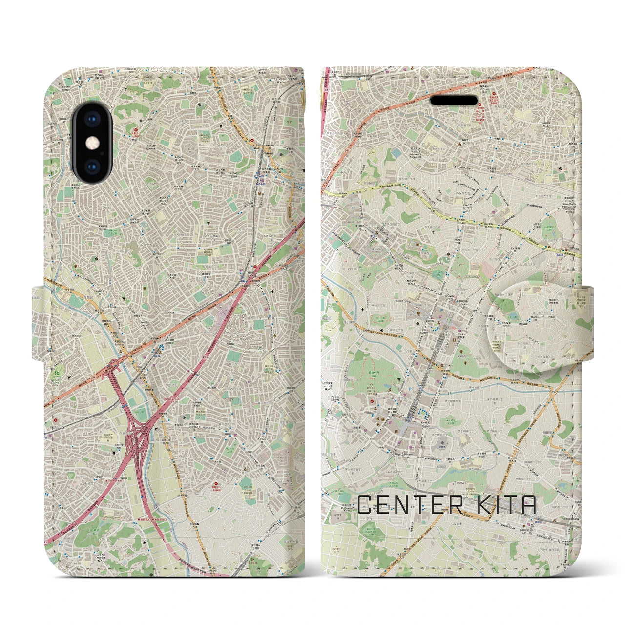 【センター北】地図柄iPhoneケース（手帳両面タイプ・ナチュラル）iPhone XS / X 用
