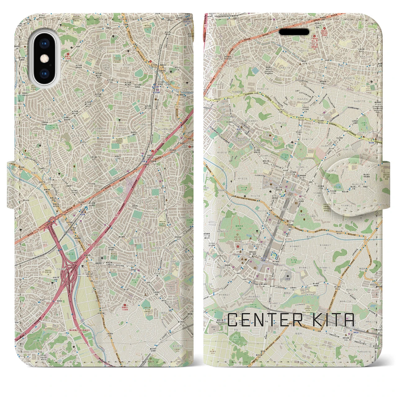 【センター北】地図柄iPhoneケース（手帳両面タイプ・ナチュラル）iPhone XS Max 用