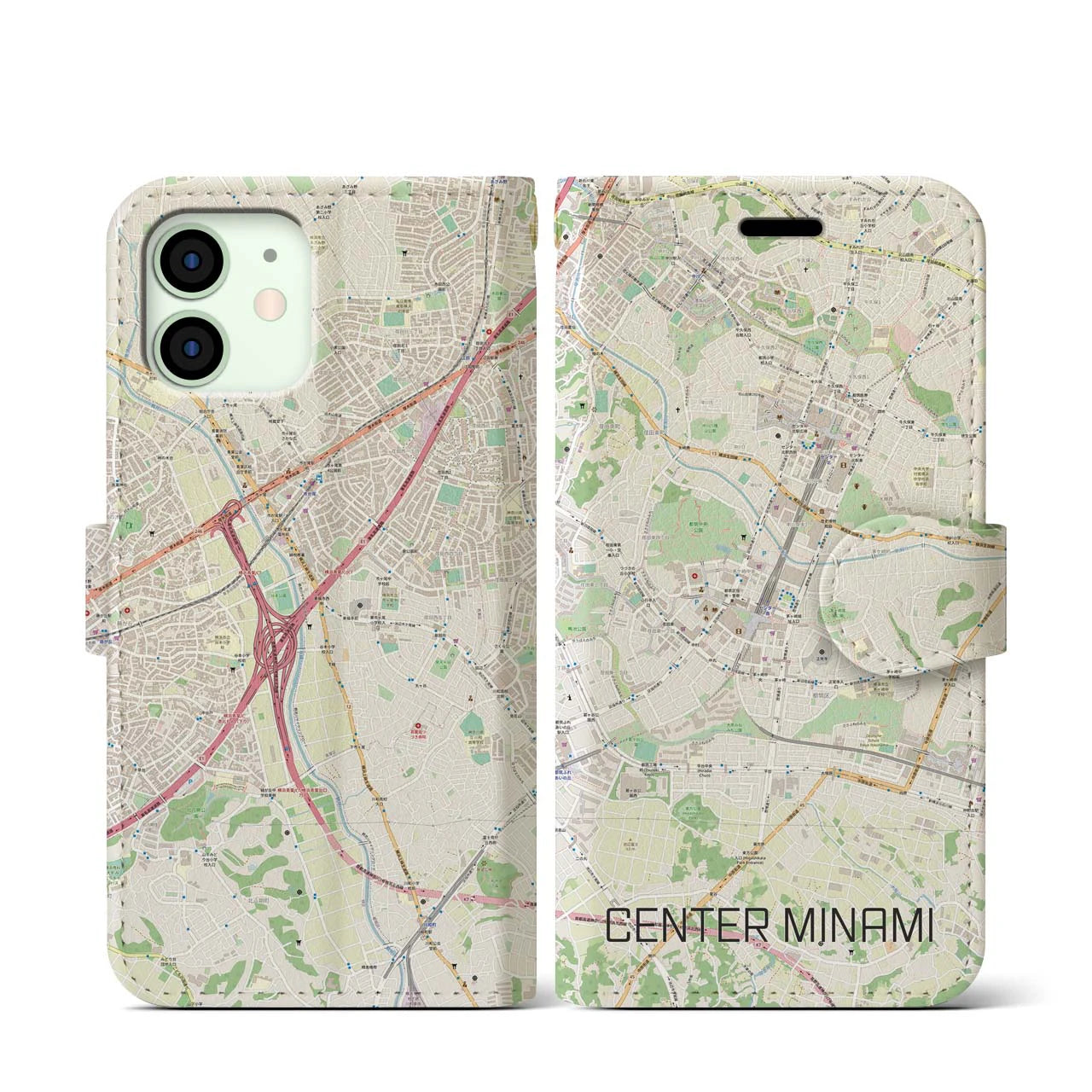 【センター南】地図柄iPhoneケース（手帳両面タイプ・ナチュラル）iPhone 12 mini 用