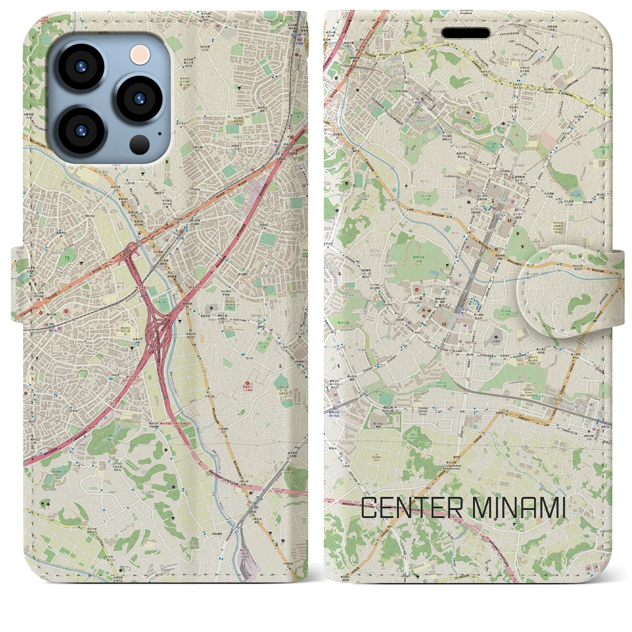 【センター南】地図柄iPhoneケース（手帳両面タイプ・ナチュラル）iPhone 13 Pro Max 用