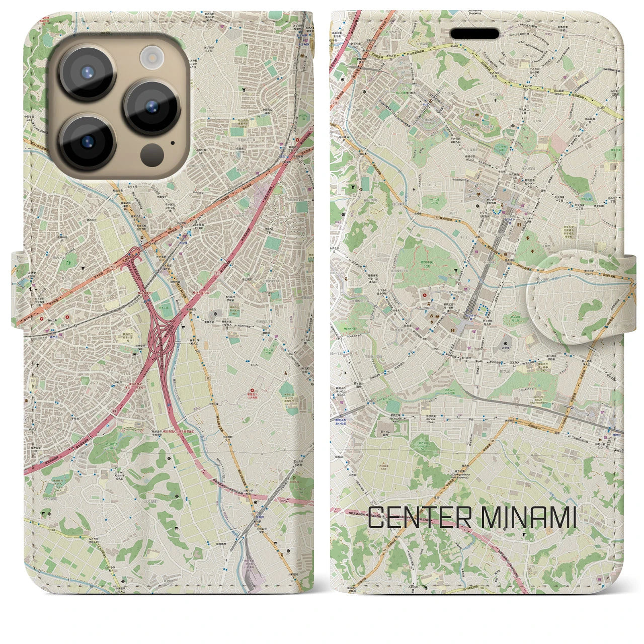 【センター南】地図柄iPhoneケース（手帳両面タイプ・ナチュラル）iPhone 14 Pro Max 用