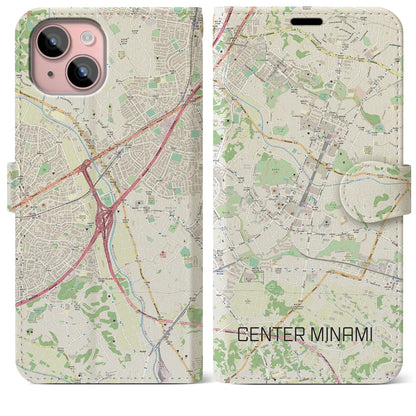 【センター南（神奈川県）】地図柄iPhoneケース（手帳タイプ）ナチュラル・iPhone 15 Plus 用