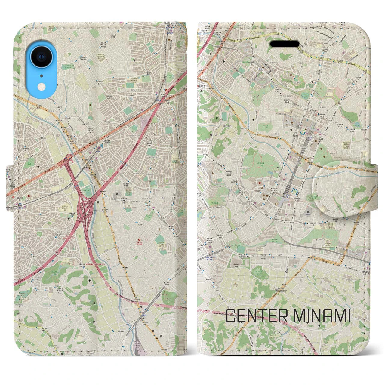 【センター南】地図柄iPhoneケース（手帳両面タイプ・ナチュラル）iPhone XR 用