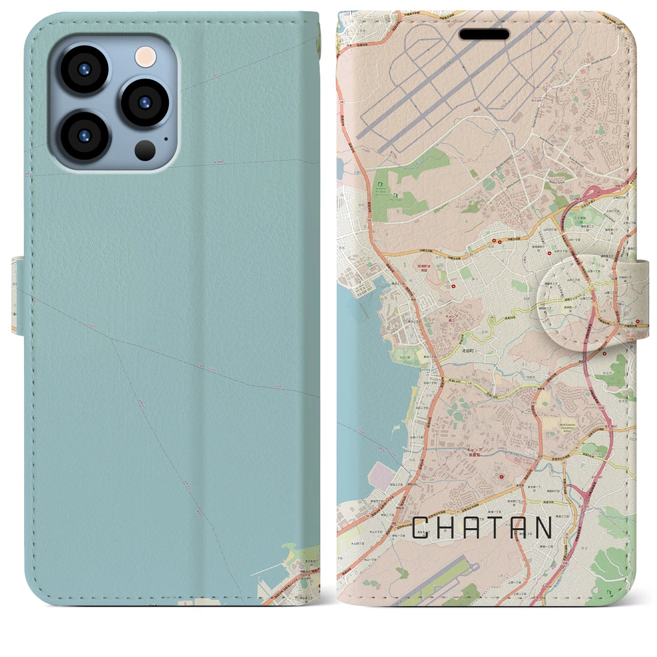 【北谷】地図柄iPhoneケース（手帳両面タイプ・ナチュラル）iPhone 13 Pro Max 用