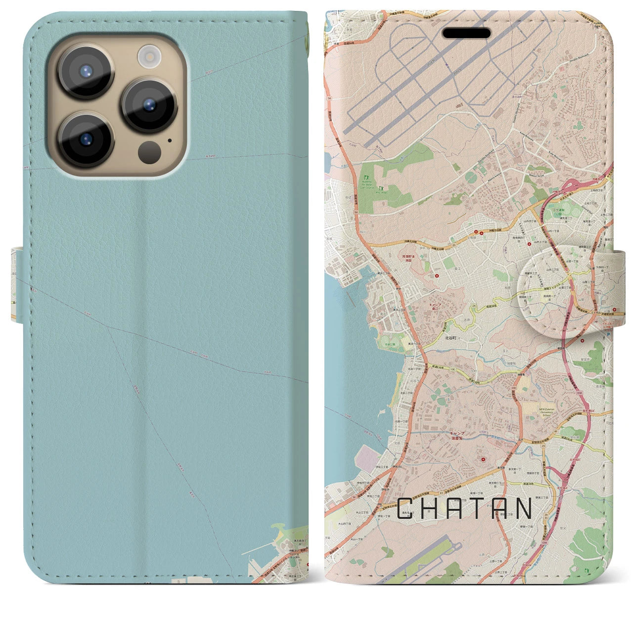 【北谷】地図柄iPhoneケース（手帳両面タイプ・ナチュラル）iPhone 14 Pro Max 用
