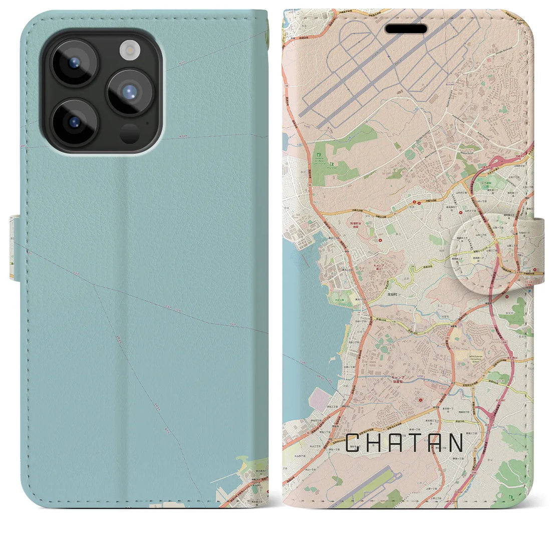 【北谷】地図柄iPhoneケース（手帳両面タイプ・ナチュラル）iPhone 15 Pro Max 用