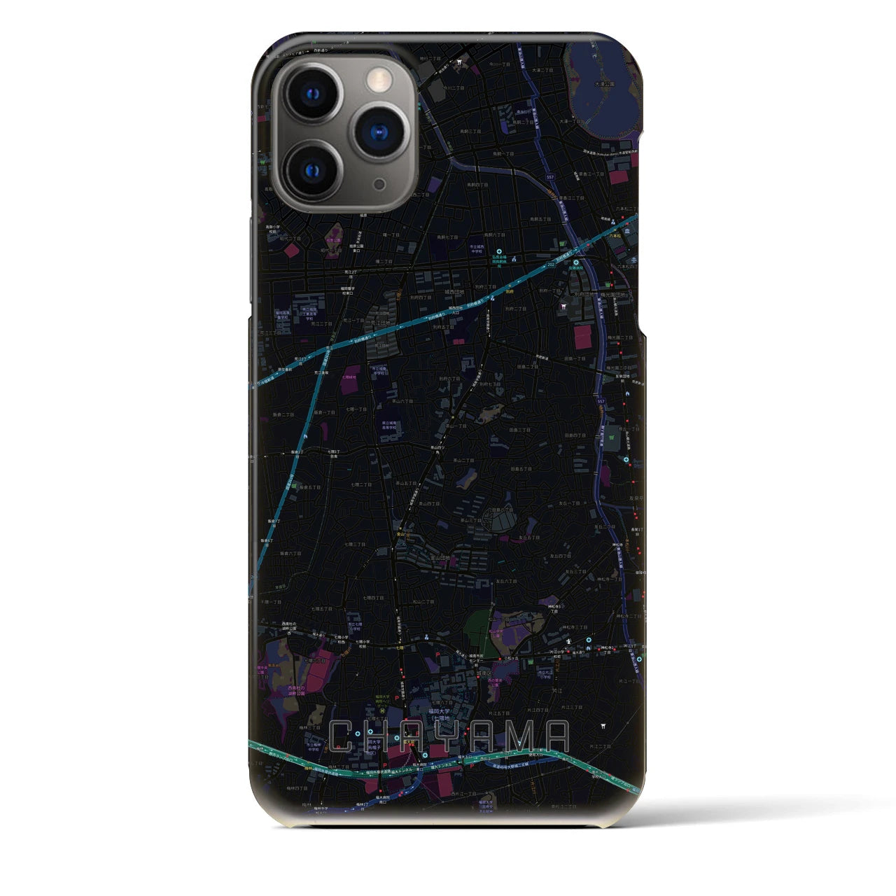 【茶山】地図柄iPhoneケース（バックカバータイプ・ブラック）iPhone 11 Pro Max 用