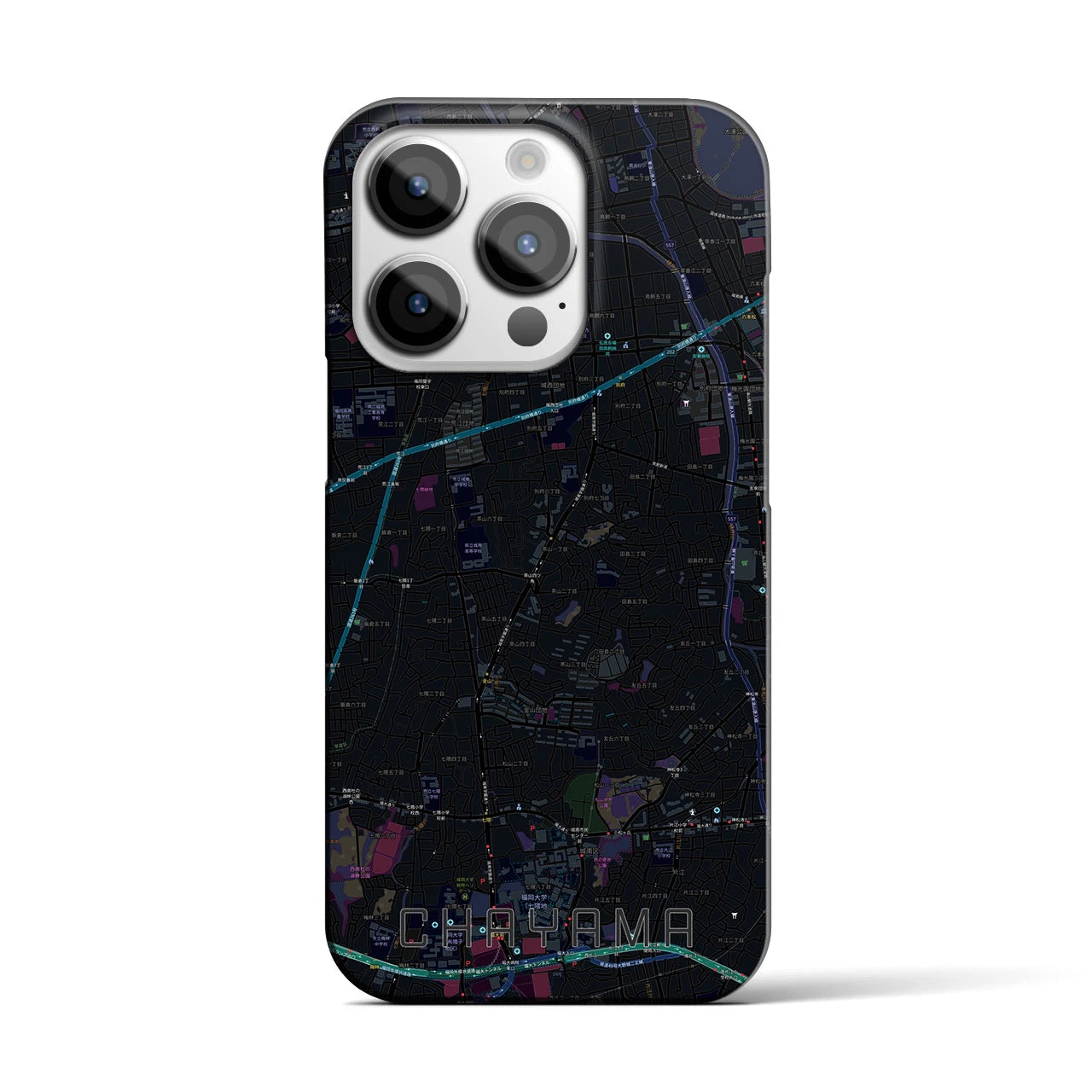 【茶山】地図柄iPhoneケース（バックカバータイプ・ブラック）iPhone 14 Pro 用
