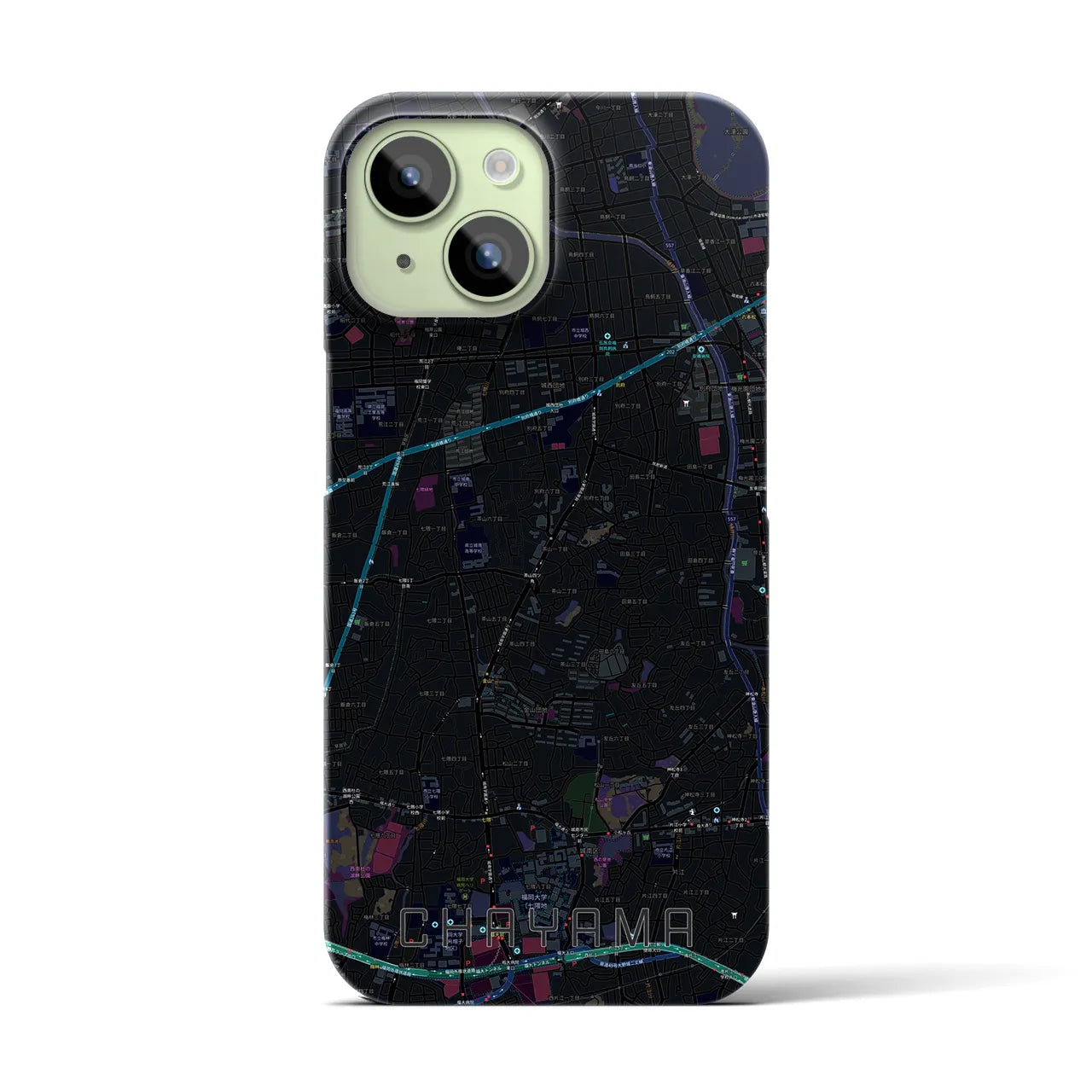 【茶山】地図柄iPhoneケース（バックカバータイプ・ブラック）iPhone 15 用