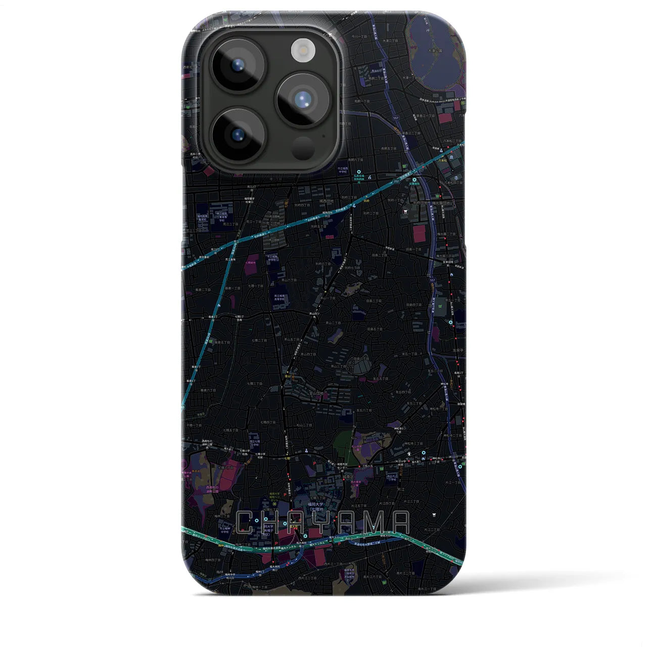 【茶山】地図柄iPhoneケース（バックカバータイプ・ブラック）iPhone 15 Pro Max 用