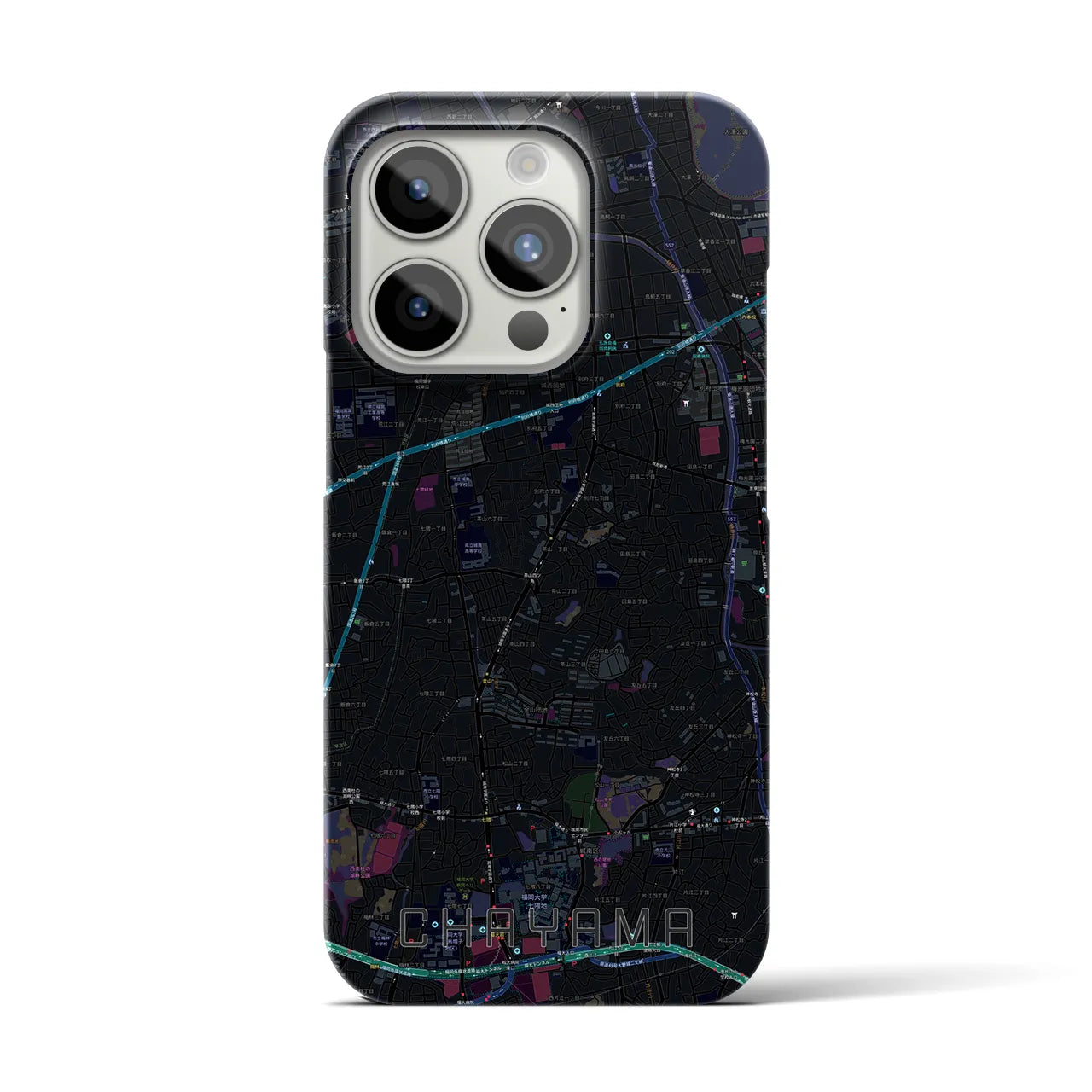 【茶山】地図柄iPhoneケース（バックカバータイプ・ブラック）iPhone 15 Pro 用