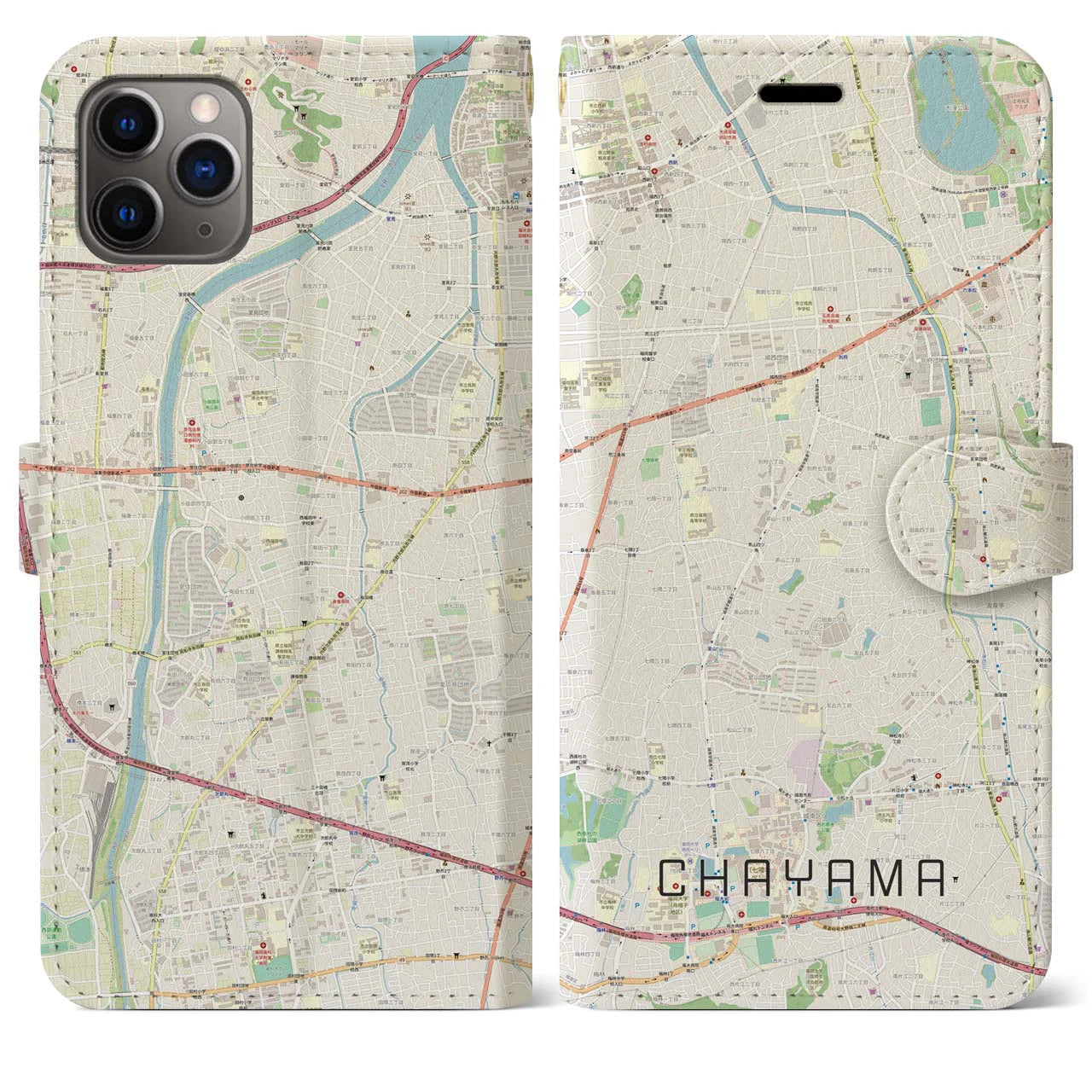 【茶山】地図柄iPhoneケース（手帳両面タイプ・ナチュラル）iPhone 11 Pro Max 用