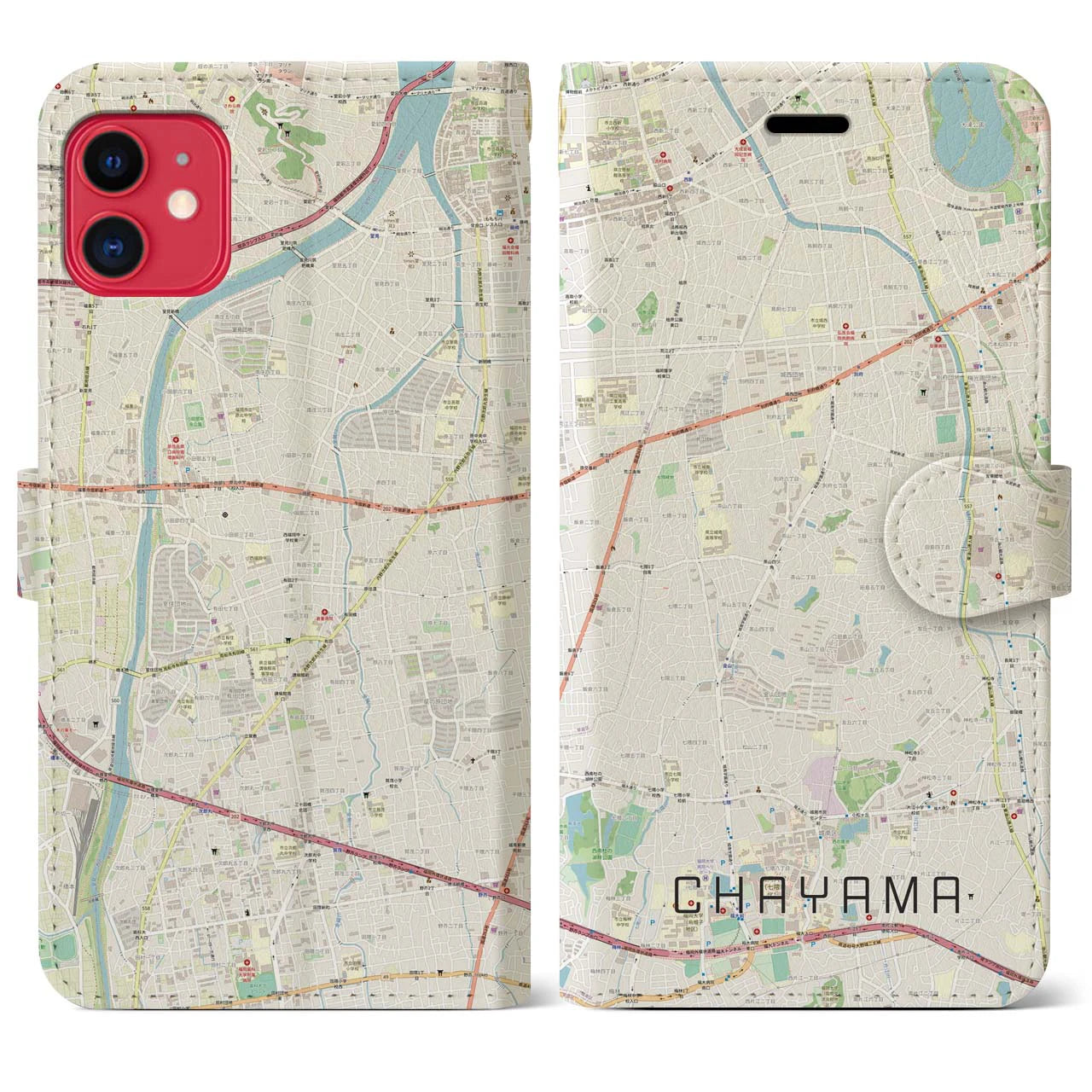 【茶山】地図柄iPhoneケース（手帳両面タイプ・ナチュラル）iPhone 11 用