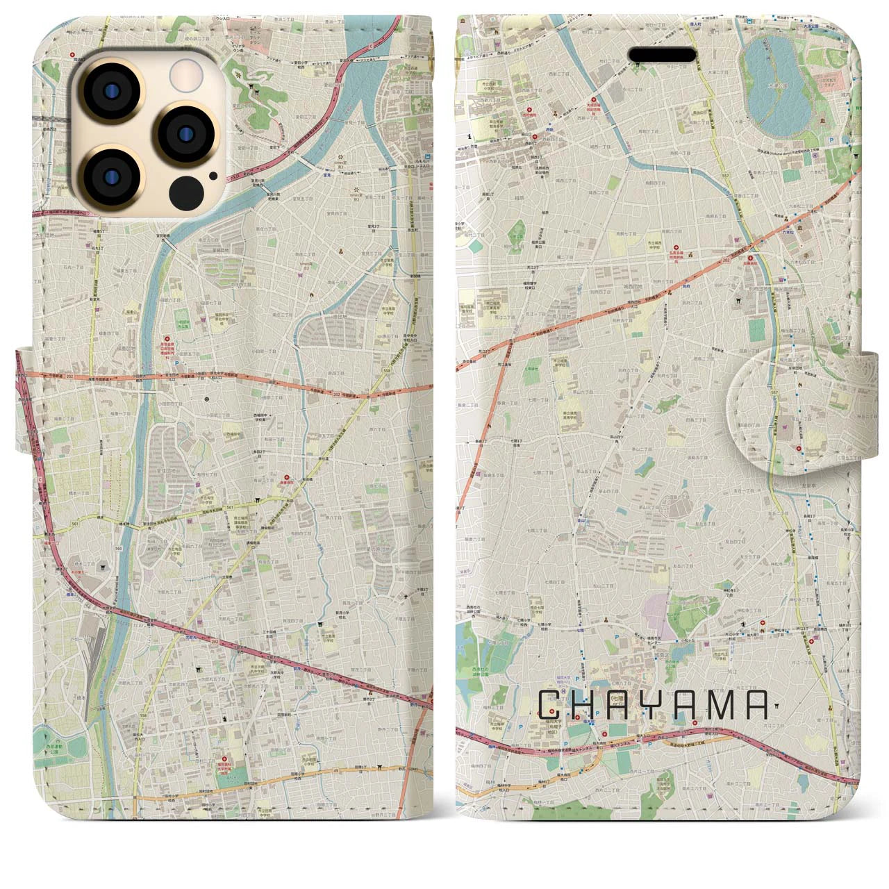 【茶山】地図柄iPhoneケース（手帳両面タイプ・ナチュラル）iPhone 12 Pro Max 用