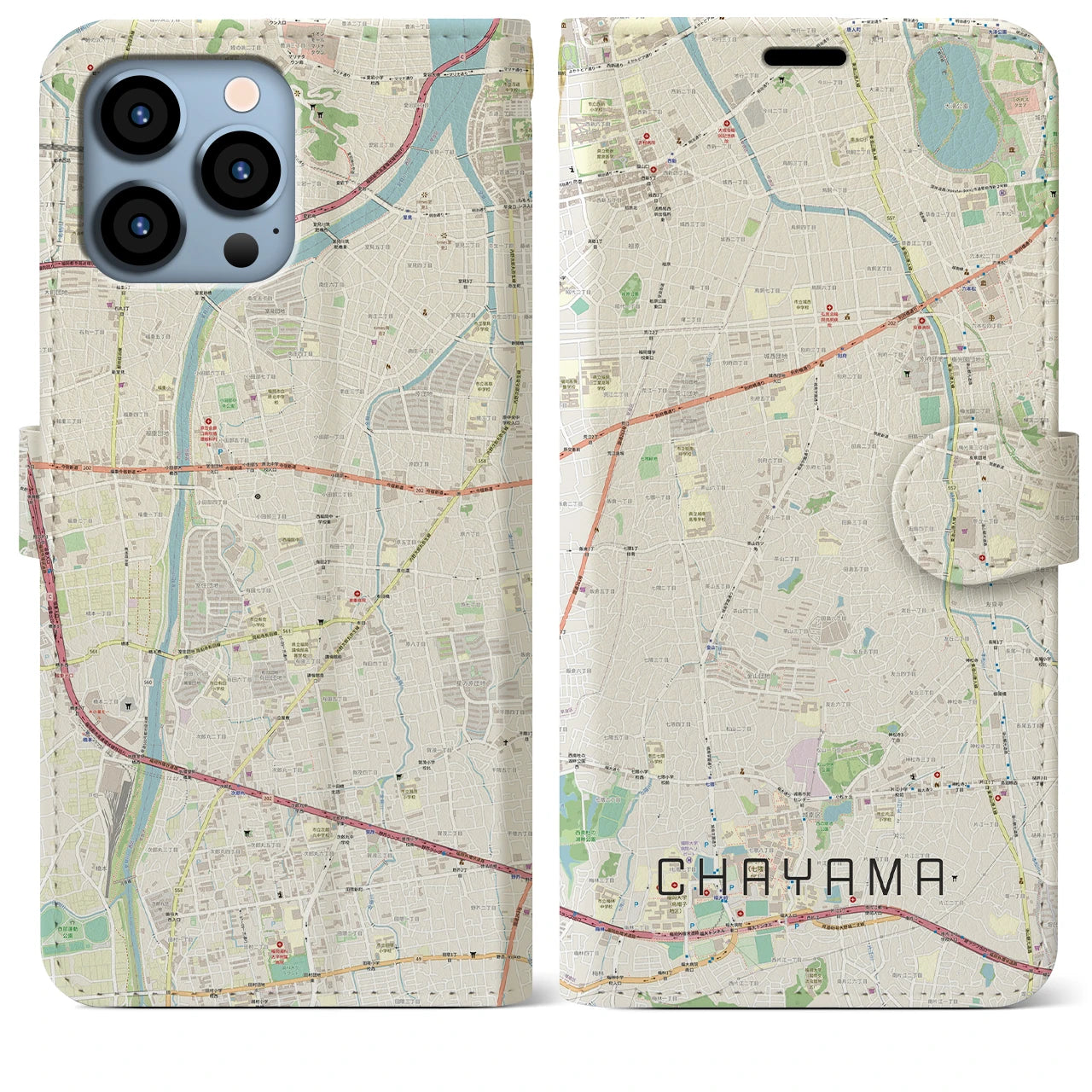 【茶山】地図柄iPhoneケース（手帳両面タイプ・ナチュラル）iPhone 13 Pro Max 用
