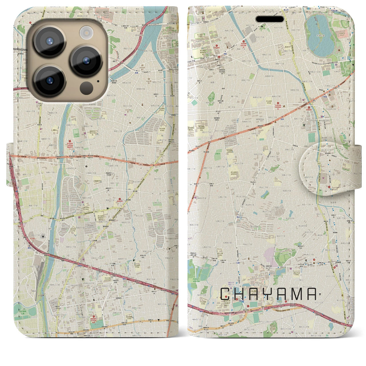 【茶山】地図柄iPhoneケース（手帳両面タイプ・ナチュラル）iPhone 14 Pro Max 用