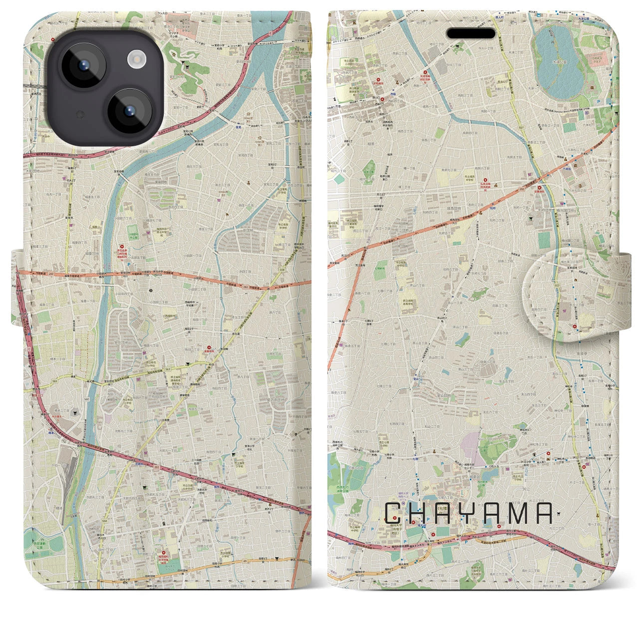 【茶山】地図柄iPhoneケース（手帳両面タイプ・ナチュラル）iPhone 14 Plus 用