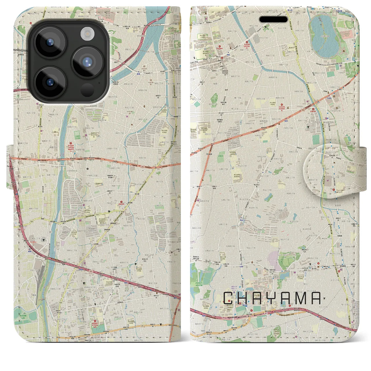 【茶山】地図柄iPhoneケース（手帳両面タイプ・ナチュラル）iPhone 15 Pro Max 用