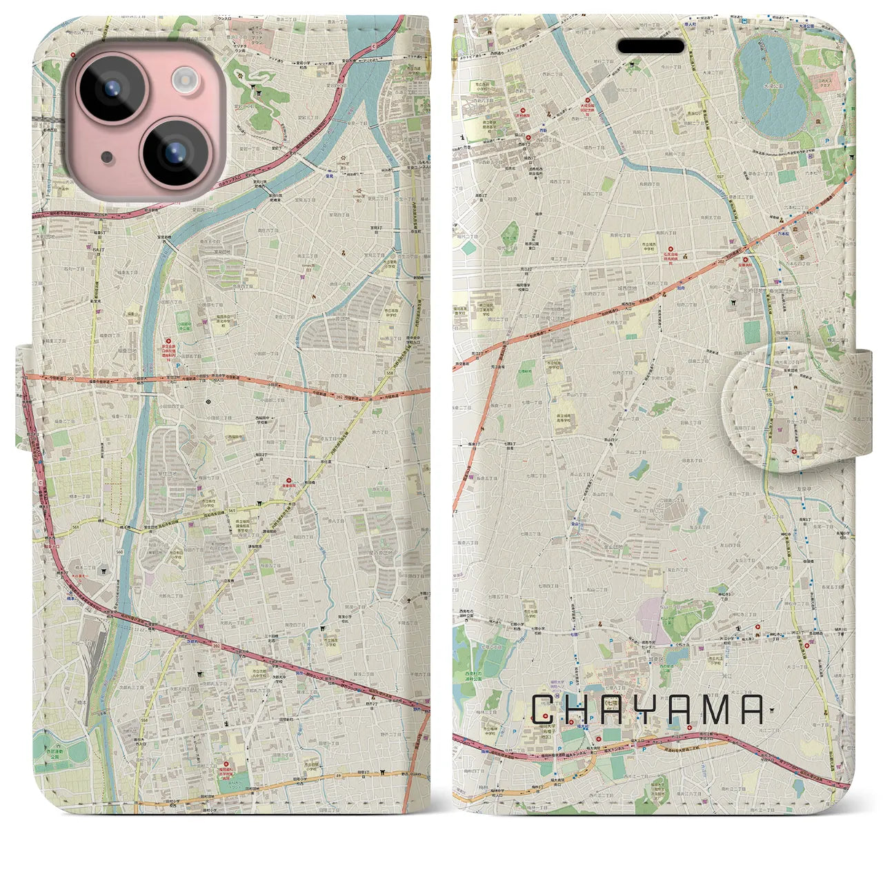 【茶山】地図柄iPhoneケース（手帳両面タイプ・ナチュラル）iPhone 15 Plus 用