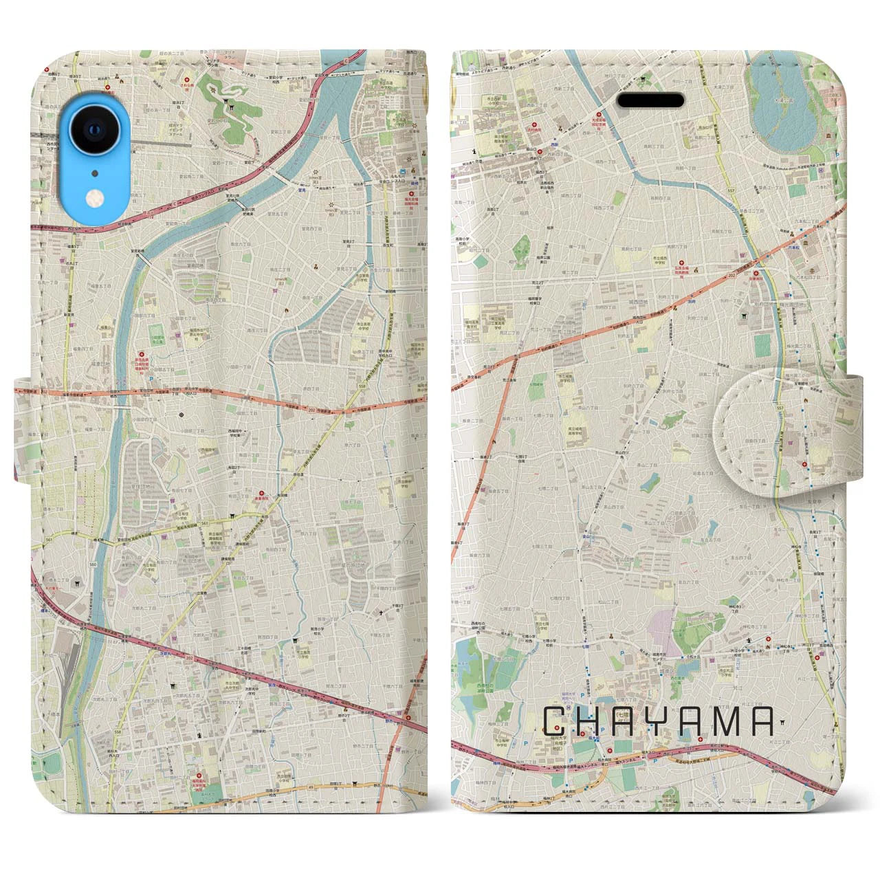 【茶山】地図柄iPhoneケース（手帳両面タイプ・ナチュラル）iPhone XR 用
