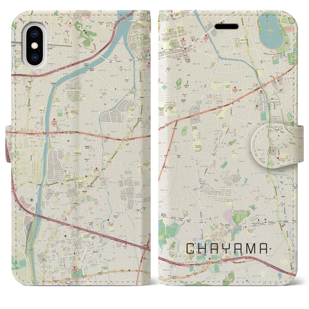 【茶山】地図柄iPhoneケース（手帳両面タイプ・ナチュラル）iPhone XS Max 用