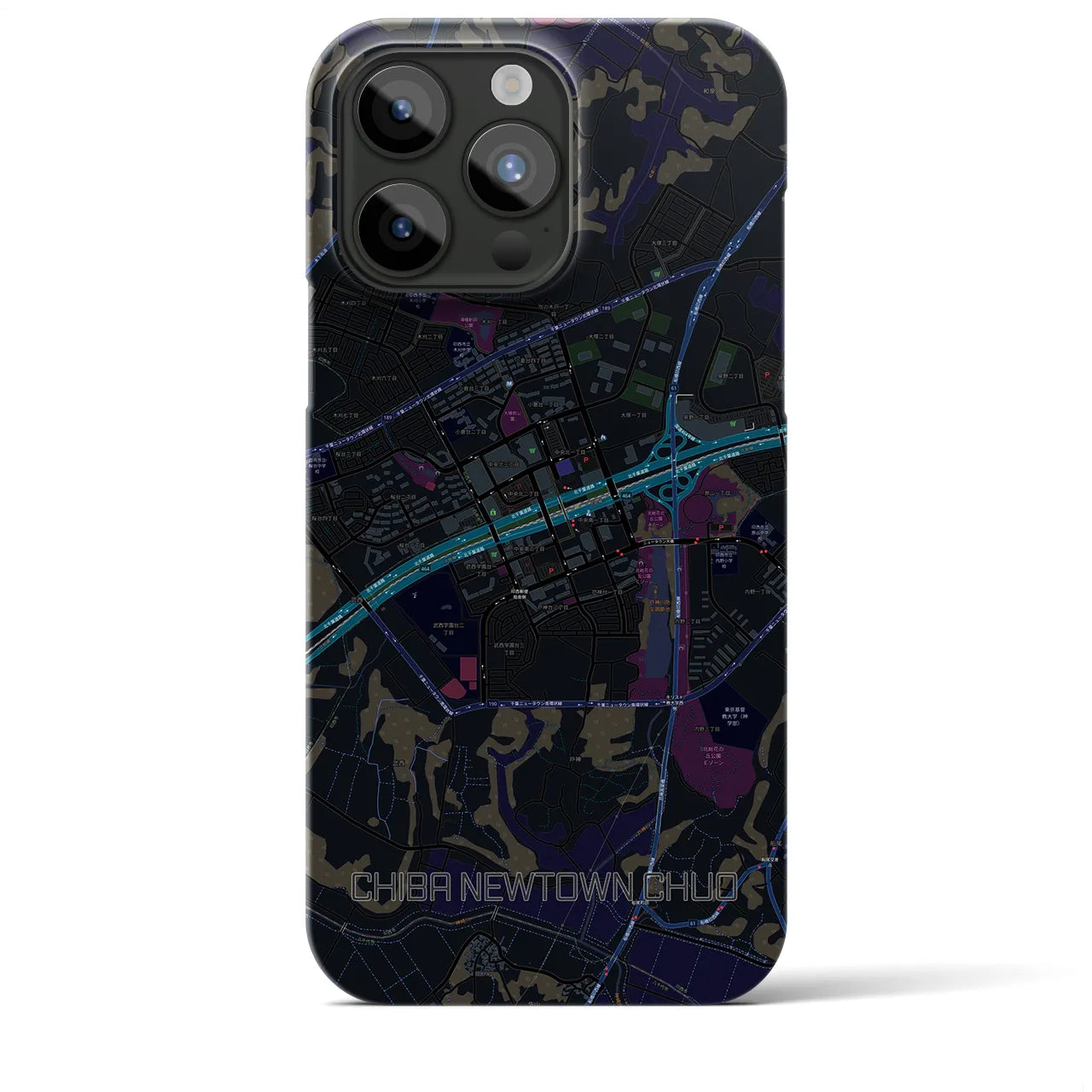 【千葉ニュータウン中央】地図柄iPhoneケース（バックカバータイプ・ブラック）iPhone 15 Pro Max 用
