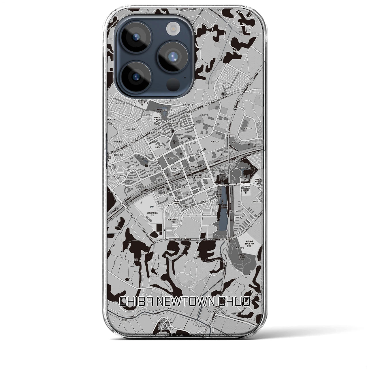 【千葉ニュータウン中央】地図柄iPhoneケース（クリアタイプ・モノトーン）iPhone 15 Pro Max 用