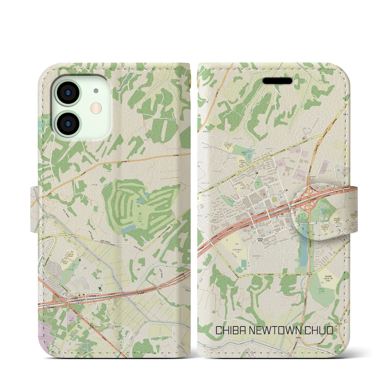 【千葉ニュータウン中央】地図柄iPhoneケース（手帳両面タイプ・ナチュラル）iPhone 12 mini 用