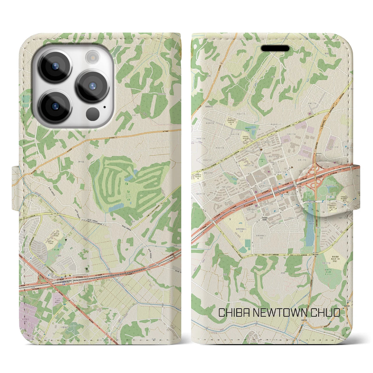 【千葉ニュータウン中央】地図柄iPhoneケース（手帳両面タイプ・ナチュラル）iPhone 14 Pro 用