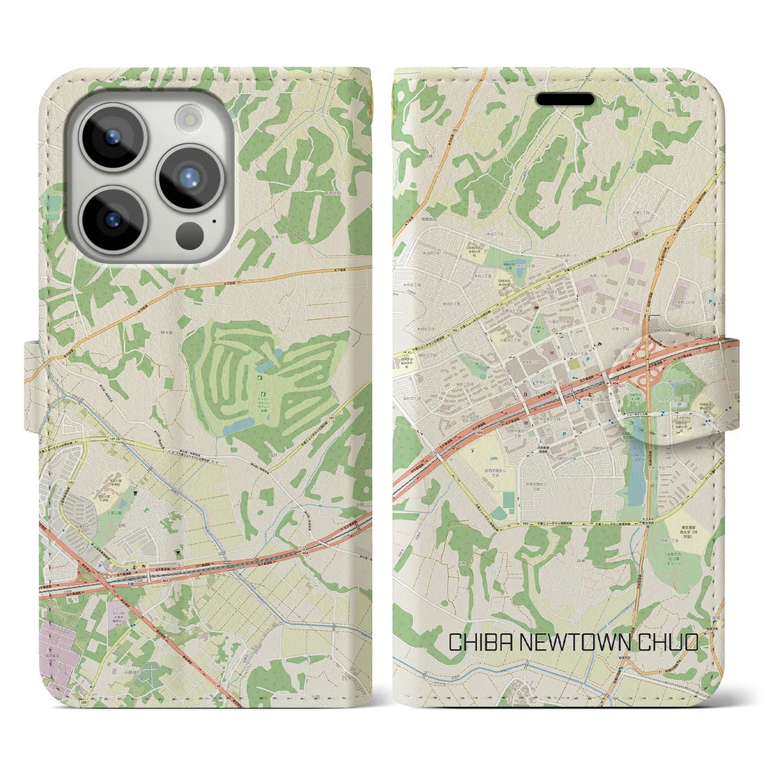 【千葉ニュータウン中央】地図柄iPhoneケース（手帳両面タイプ・ナチュラル）iPhone 15 Pro 用