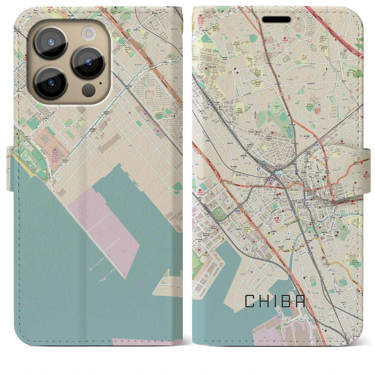 【千葉】地図柄iPhoneケース（手帳両面タイプ・ナチュラル）iPhone 14 Pro Max 用