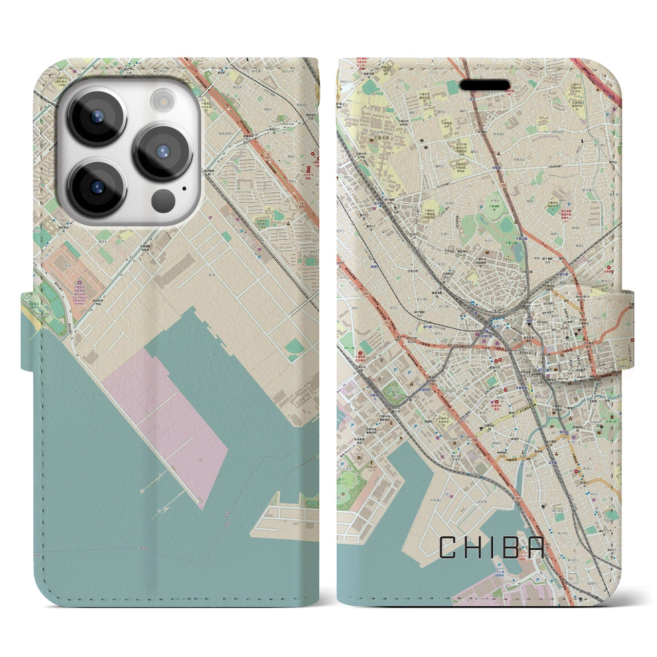 【千葉】地図柄iPhoneケース（手帳両面タイプ・ナチュラル）iPhone 14 Pro 用