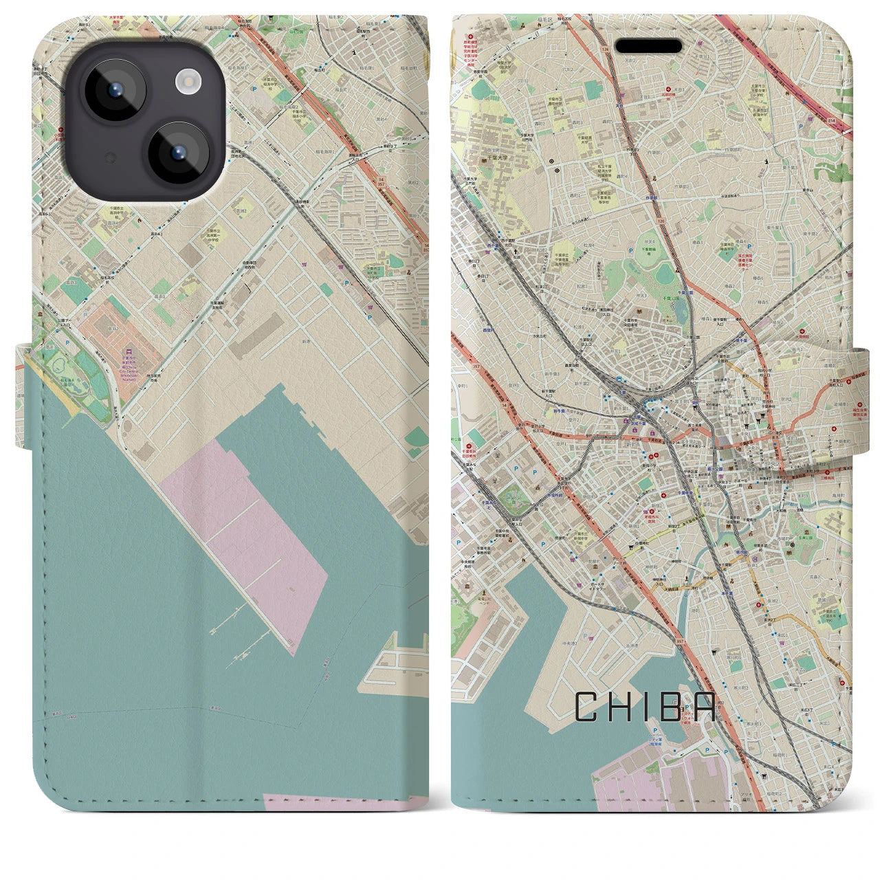 【千葉】地図柄iPhoneケース（手帳両面タイプ・ナチュラル）iPhone 14 Plus 用