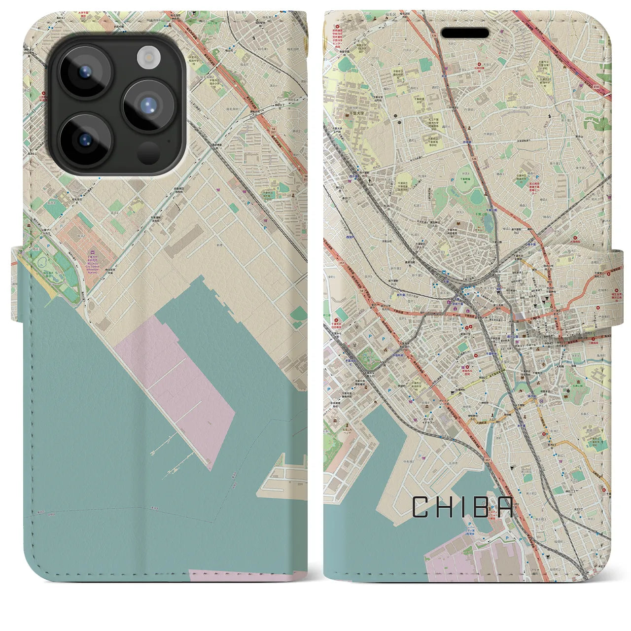 【千葉】地図柄iPhoneケース（手帳両面タイプ・ナチュラル）iPhone 15 Pro Max 用