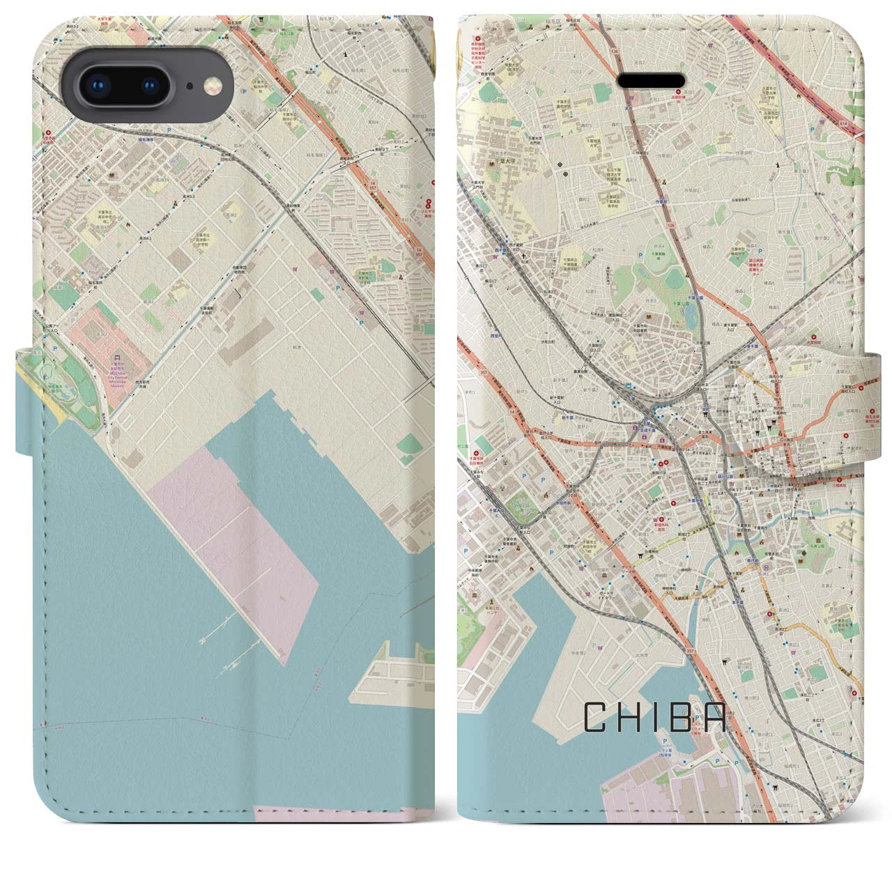 【千葉】地図柄iPhoneケース（手帳両面タイプ・ナチュラル）iPhone 8Plus /7Plus / 6sPlus / 6Plus 用