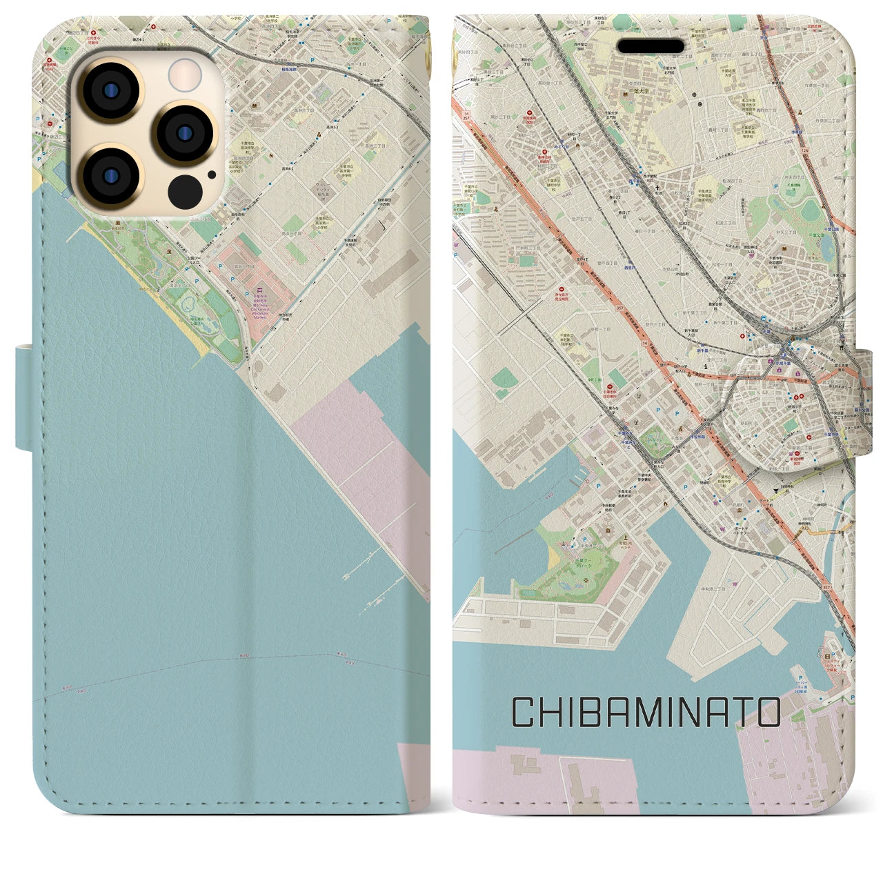 【千葉みなと】地図柄iPhoneケース（手帳両面タイプ・ナチュラル）iPhone 12 Pro Max 用