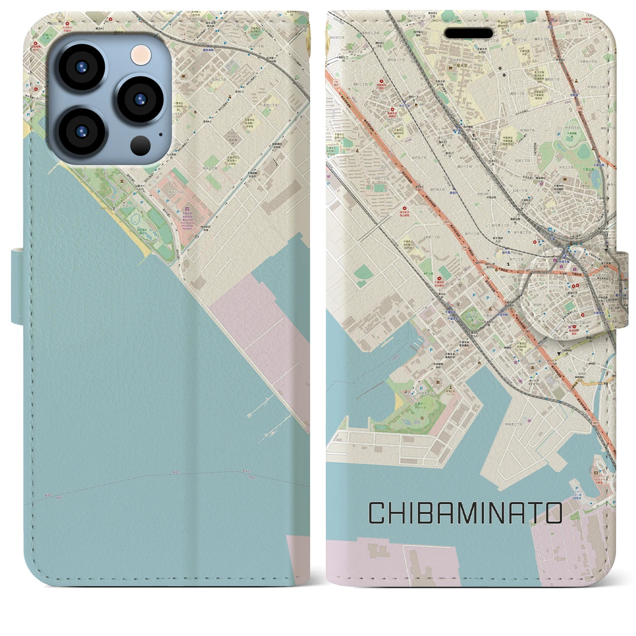 【千葉みなと】地図柄iPhoneケース（手帳両面タイプ・ナチュラル）iPhone 13 Pro Max 用