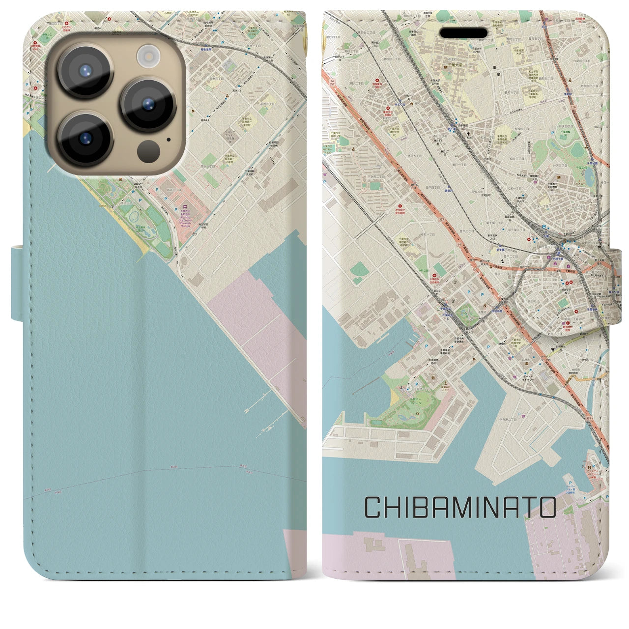 【千葉みなと】地図柄iPhoneケース（手帳両面タイプ・ナチュラル）iPhone 14 Pro Max 用