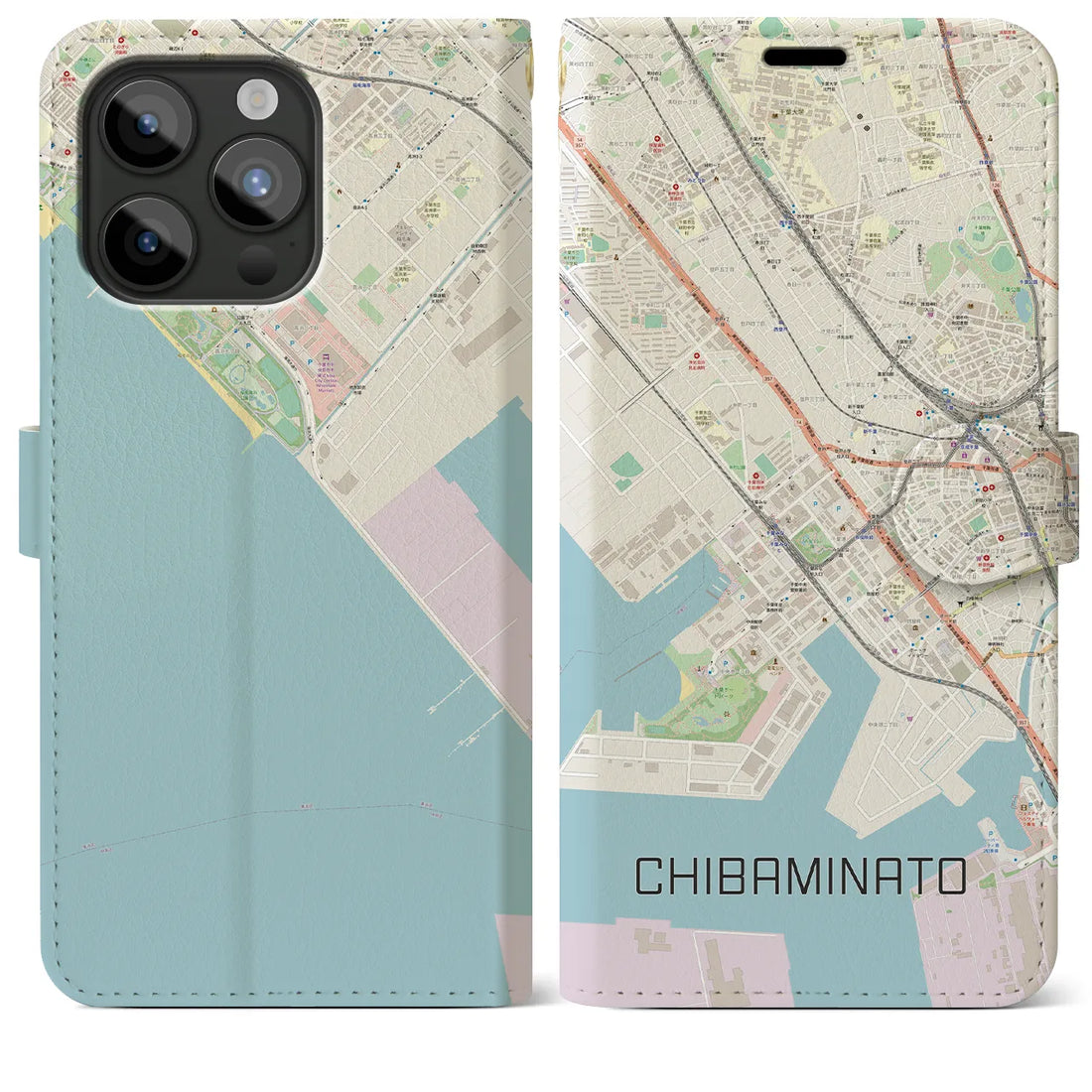 【千葉みなと】地図柄iPhoneケース（手帳両面タイプ・ナチュラル）iPhone 15 Pro Max 用
