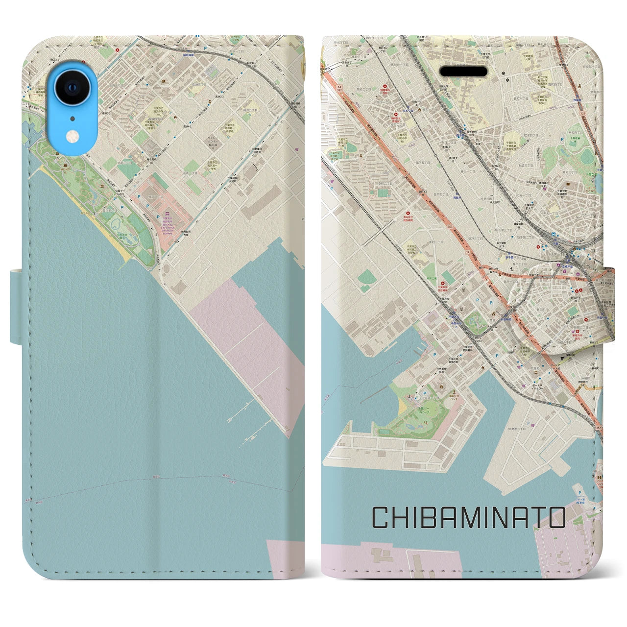 【千葉みなと】地図柄iPhoneケース（手帳両面タイプ・ナチュラル）iPhone XR 用
