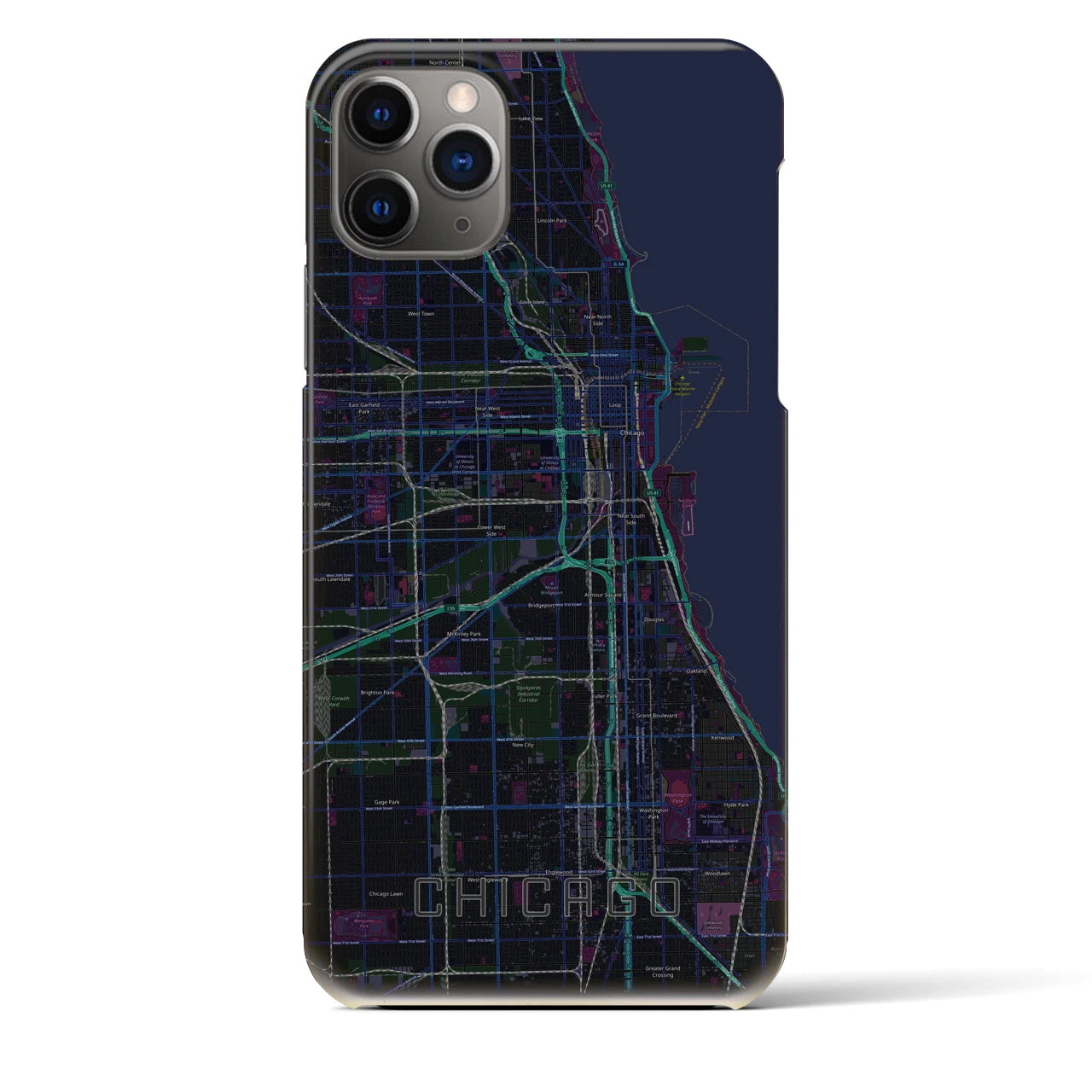 【シカゴ】地図柄iPhoneケース（バックカバータイプ・ブラック）iPhone 11 Pro Max 用